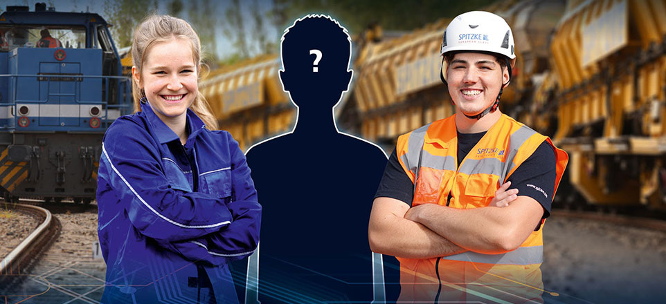 Zwei junge lächelnde Menschen in Arbeitskleidung, in der Mitte ein schwarzer Platzhalter in Form eines Menschen, im Hintergrund Schienen und Züge Zwei junge lächelnde Menschen in Arbeitskleidung, in der Mitte ein schwarzer Platzhalter in Form eines Menschen, im Hintergrund Schienen und Züge